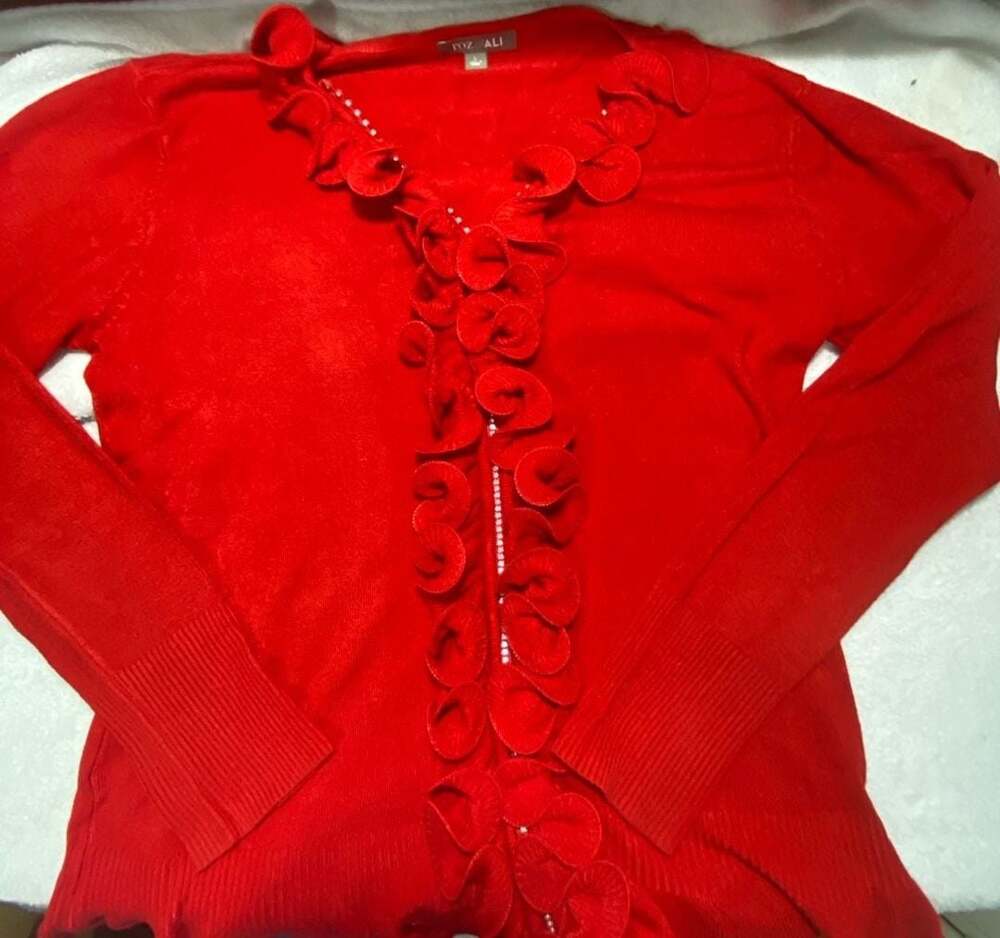 Roz & Ali Red Ruffle Front Rhinestone Accent Cardigan Sweater Size L